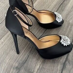 Mark And James By Badgley Mischka peep toe black satin Heels huge rhinestones 7
